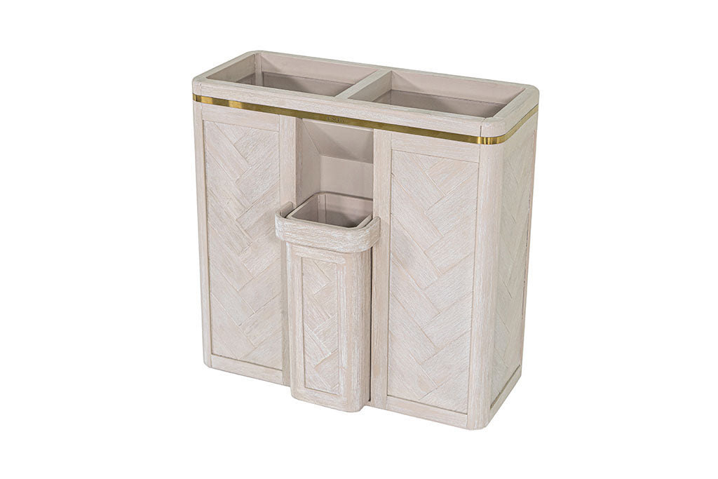 White timber wood brass luxury premium laundry hamper basket clothes double bathroom waste bin herringbone