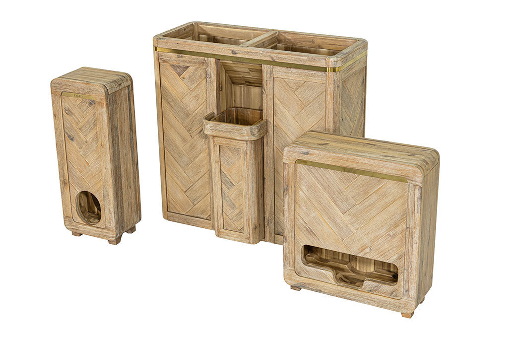 Natural timber wood bathroom laundry set storage organisation toilet paper roll clothes washing hamper basket