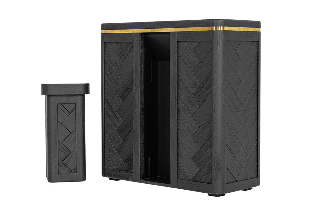 Black timber wood brass luxury premium laundry hamper basket clothes double bathroom waste bin herringbone