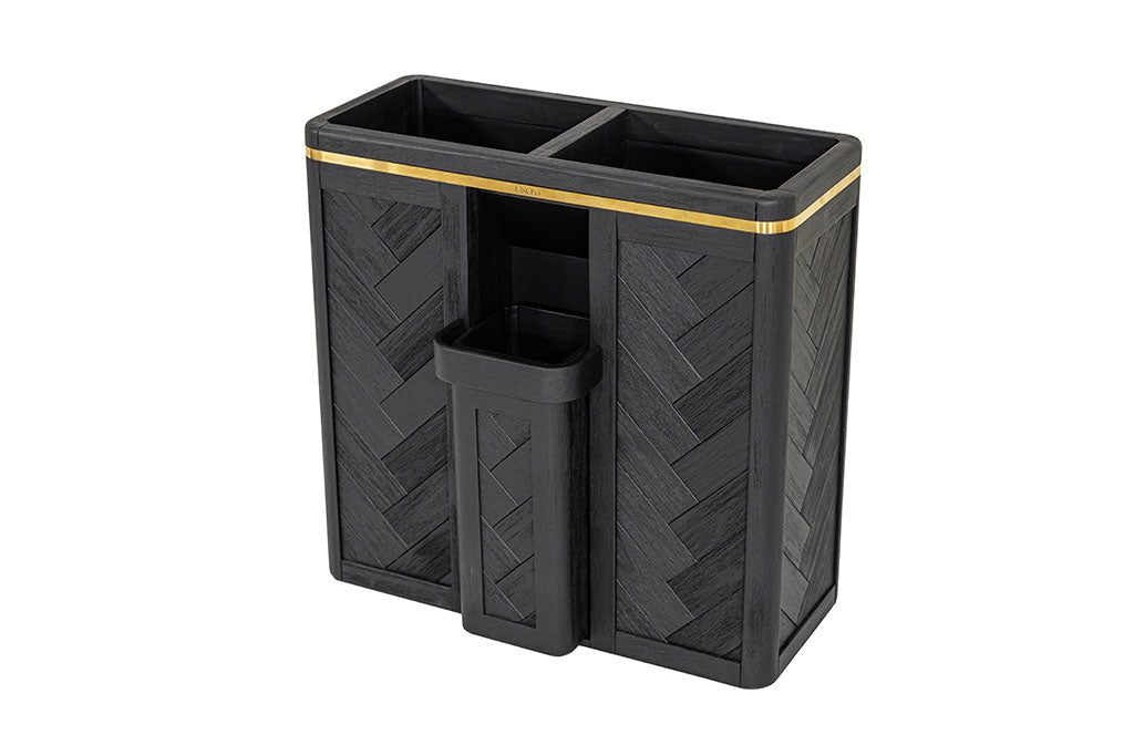 Black timber wood brass luxury premium laundry hamper basket clothes double bathroom waste bin herringbone