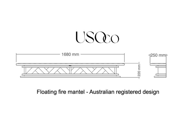 1.7m Chevron Grande Plateau - Genuine Acacia | Floating Fire Mantel